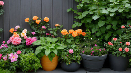 A lively row of potted flowering plants adds bursts of color along a dark gray wooden fence, creating a cheerful and inviting garden scene.