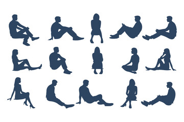 Minimalist Silhouette Set of Seated Human Figures. Minimalist Style, Casual Poses, with Varied Views and body types. Vector Illustration