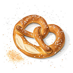 A close up of a pretzel with a sprinkle of salt on top. The pretzel is brown and has a white center