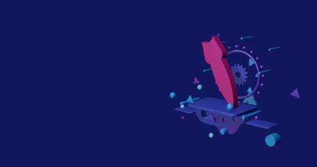 Pink falling rocket symbol on a pedestal of abstract geometric shapes floating in the air. Abstract concept art with flying shapes on the right. 3d illustration on indigo background