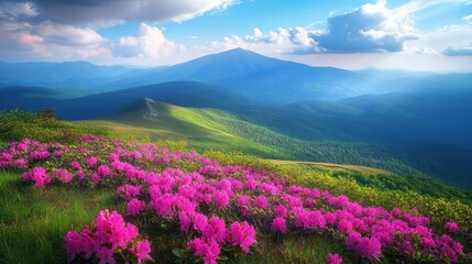 Fototapeta premium Mountain Range View with Pink Flowers