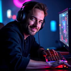 A handsome gamer guy gaming on his pc computer console with keyboard mouse and headphones in front of multiple monitor.