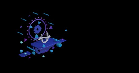 White zodiac ophiuchus symbol on a pedestal of abstract geometric shapes floating in the air. Abstract concept art with flying shapes on the left. 3d illustration on black background