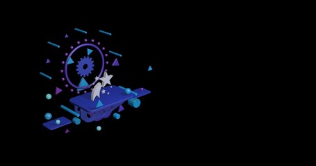 White fireworks symbol on a pedestal of abstract geometric shapes floating in the air. Abstract concept art with flying shapes on the left. 3d illustration on black background