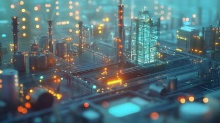 Futuristic industrial complex with glowing pipes and structures.