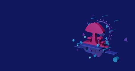Pink mushrooms symbol on a pedestal of abstract geometric shapes floating in the air. Abstract concept art with flying shapes on the right. 3d illustration on indigo background