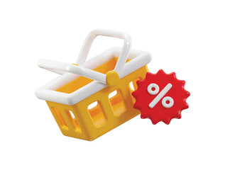 Shopping basket with discount sale tag icon 3d render concept of online shopping and digital marketing icon vector illustration