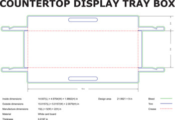 Vector diagram of a countertop display tray box showing dimensions and design details