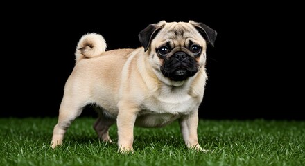 Obraz premium Standing Small Dog on Green Grass with Black Background