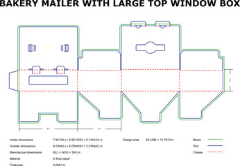 Detailed bakery mailer box template showing measurements and e flute paper construction