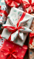 pile of wrapped presents with red ribbons