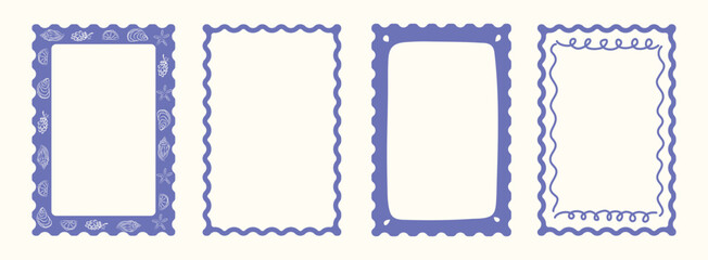 Whimsical hand drawn Italian postcard stamp set. Vintage Italy summer doodle borders. Minimalist blue frames, mediterranean elements for menu, wedding, prints, invitation. Coastal Isolated Vector illu