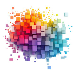 Vibrant rainbow cube burst exploding color dynamic energy pixel art 3D on transparent background