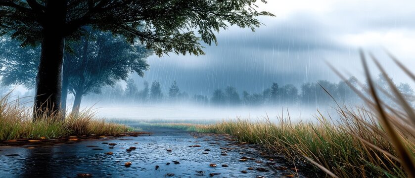 raining morning misty concept. Serene landscape with trees and misty rain reflecting on water surface.
