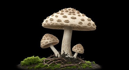 Three Mushrooms Growing on Mossy Soil with Black Background