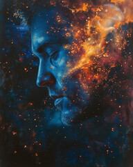 portrait of a person with a glowing mind, thoughts turning into stars and constellations