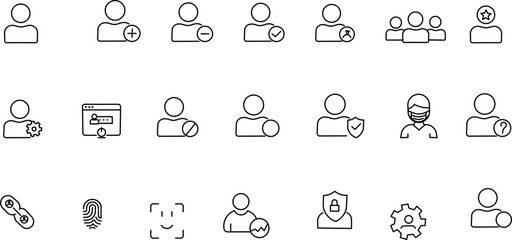 User profile Stroke icon collections. Containing profile, Login, Identification, User Management, add friend and more icons. Editable Stroke icon collection Outline icon