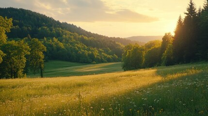 Obraz premium Rolling Hills with Forest and Meadow at Sunset