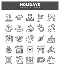 Collection of 25 Holidays. Festive Icons and Symbols for Celebrations