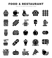 Set of Food and Restaurant Icons. Simple Glyph art style icons pack.