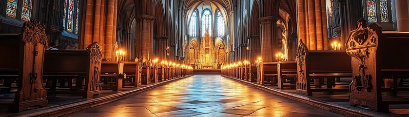 Fototapeta premium A serene church interior with warm candlelight.