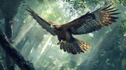 A Javanese Eagle in flight with wide wings, each feather is detailed and sharp. background wallpaper AI generated image