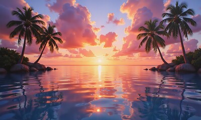 Obraz premium Vibrant tropical sunset mirrored on calm ocean surface