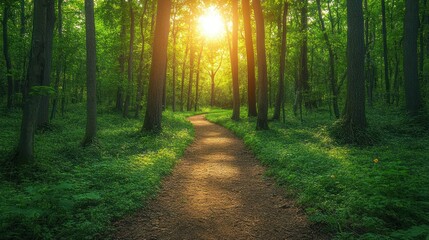 Fototapeta premium Sunlit path through lush green forest