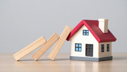 Domino blocks topple miniature house highlighting real estate risk management and insurance strategies