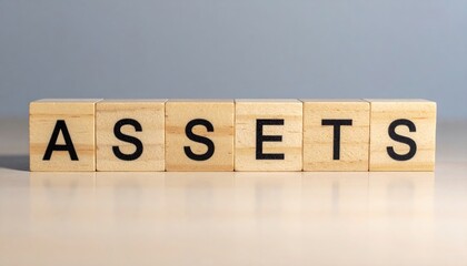 Professional macro view of assets wooden text blocks on balance sheet table in office environment