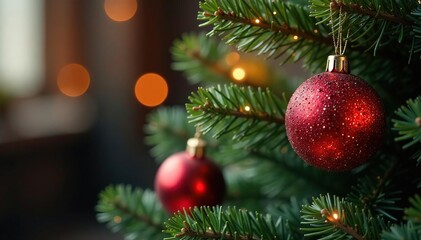 Fototapeta premium Sparkling Christmas tree adorned with glitter pine cones and ornaments , wood, light