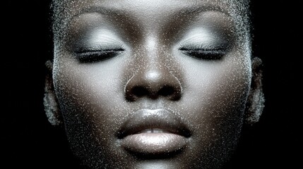 Close-up portrait of a serene woman with closed eyes adorned in shimmering particles reflecting light highlighting beauty and resilience captured in striking contrast against dark background