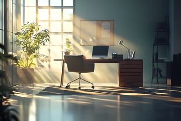 Bright office with modern furniture and plants.