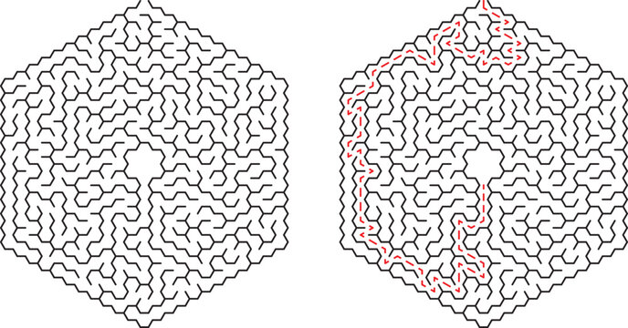 Black and white hexagonal maze with solved path representing problem solving success