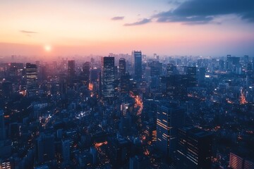 Fototapeta premium City skyline during sunset with a vibrant glow.