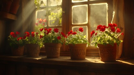 Sunlit windowsill with terracotta pots of red flowers