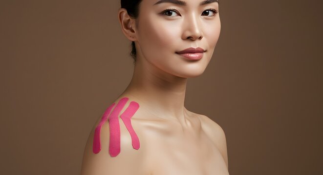Woman with Pink Support Tape on Shoulder for Recovery