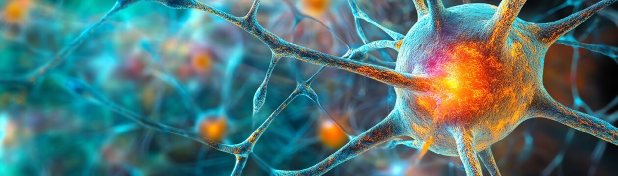 Close-up of colorful neural cells interacting.