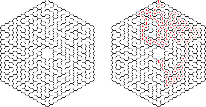 Complex hexagonal maze with solution paths indicating route through challenging puzzle