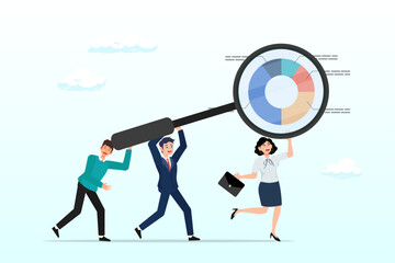 Business people carry magnifying glass analysis, research analysis, insight information, marketing chart diagram, optimisation or analysing data, intelligence discovery, statistics or examine concept