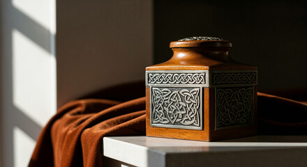 Celtic knot memorial keepsake urn on mantelpiece with engravings  