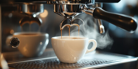 Freshly brewed espresso poured into a white cup from a coffee machine. The rich aroma, crema, and heat rising from the cup evoke a sense of warmth and freshness.