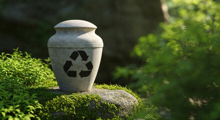 Clean recycled urn made from eco-friendly materials in green foliage  