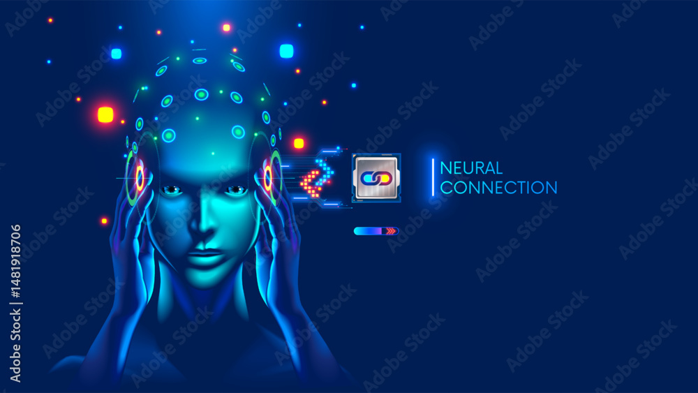 Poster Patient with chip implanted in brain sends brain signals to electronic chip. Chip is connected to the neurons of the human brain and receives signals from it. Head of woman connected to brain chip.