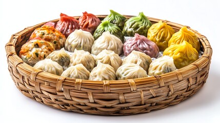 Colorful dumplings in a woven basket arrangement.
