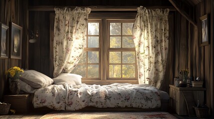 Cozy bedroom with floral curtains and rustic decor
