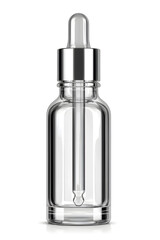 Naklejka premium Clear and glass dropper bottle mock up, isolated on white background. A minimalist mockup featuring a clear glass dropper bottle with a cap, perfect for showcasing your product or branding