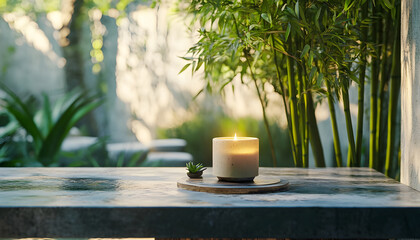 Spa set with a candle and bamboo outdoors