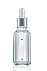 Clear and glass dropper bottle mock up, isolated on white background. A minimalist mockup featuring a clear glass dropper bottle with a cap, perfect for showcasing your product or branding