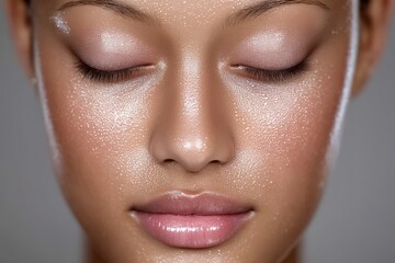 Fototapeta premium Glowing beauty close-up showcasing flawless skin texture with droplets of moisture highlighting natural radiance and highlighting the importance of skincare routines and self-care practices